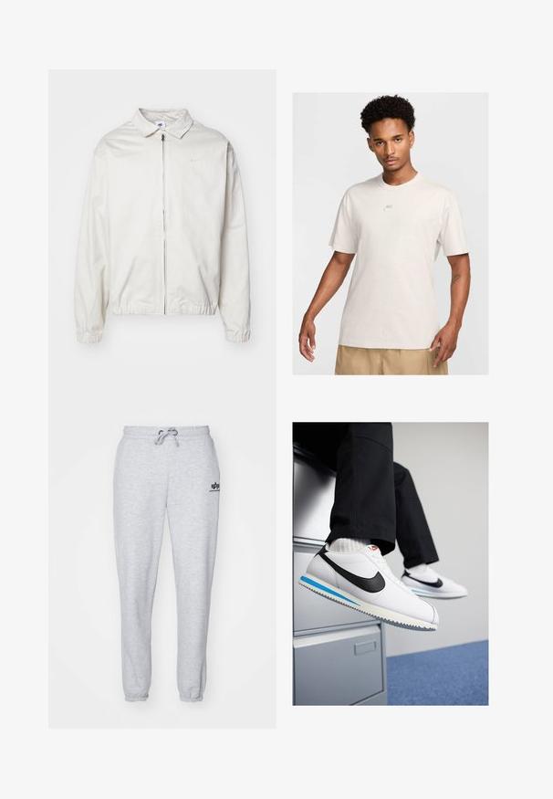 Balta, lengva Nike striukė su apykakle, priekiniais užtrauktuku, elastingomis rankogaliais ir maža logotipu kairiajame krūtinės kampe. Lygus paviršius.; Vyras su trumpais garbanotais plaukais, apsirengęs bežiniu Nike marškinėliu ir khaki šortais, stovi iškėlęs veidą priešais šviesų fono.; Šviesiai pilki sportiniai kelnių su raišteliu juosmens, elastingomis rankovėmis ir mažu tamsiai mėlynu logotipu ant kairiojo šlaunies. Minkšta, tekstūruota medžiaga.; Baltos odinės sportbačiai su juodu Nike logotipu, šviesiai mėlyna ir pilka guma padais bei klasikiniu raištelių dizainu. Kojos remiasi į dokumentų spintą.