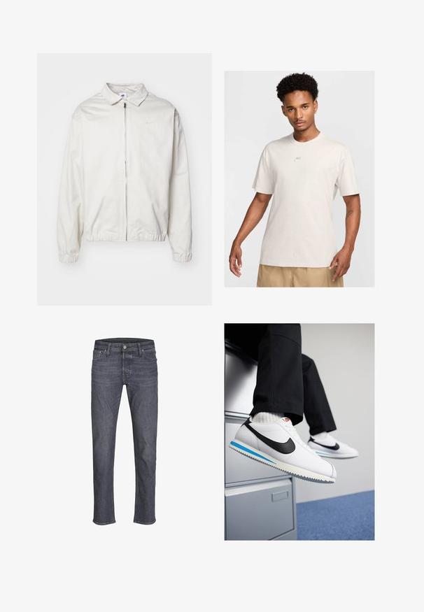 Giacca Nike bianca, leggera, con colletto, zip frontale, polsini elasticizzati e un piccolo logo sul lato sinistro del petto. Texture liscia.; Un uomo con capelli corti e ricci indossa una t-shirt beige Nike e pantaloni corti color khaki, rivolto in avanti contro uno sfondo chiaro e semplice.; Jeans in denim scuro con un design a gamba dritta, caratterizzati da un classico stile a cinque tasche, passanti per cintura e un leggero effetto usurato.; Sneakers in pelle bianca con uno swoosh Nike nero, suola in gomma leggera blu e grigia, e un classico design con lacci. I piedi poggiano su un armadietto.