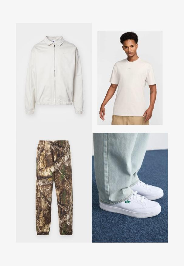 Casaco Nike branco e leve, com gola, fecho frontal, punhos elásticos e um pequeno logótipo no lado esquerdo do peito. Textura suave.; Homem com cabelo curto e encaracolado usa uma t-shirt bege da Nike e calções caqui, virado para a frente contra um fundo claro simple.; Calças de moletão camufladas com um padrão natural em tons de castanho e verde, apresentando um cós elástico com cordão e punhos elásticos nos tornozelos.; Tênis de couro brancos com logo verde da Nike, bico redondo, sola plana, combinados com calças de denim azul claro, exibidos sobre um tapete azul.
