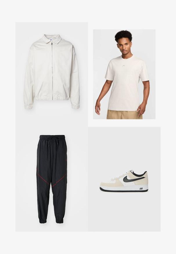Bijela, lagana Nike jakna s ovratnikom, prednjim patentnim zatvaračem, elastičnim rukavima i malim logom na lijevoj strani prsa. Glatka tekstura.; Muž s kratkom kovrčavom kosom nosi bež Nike majicu i khaki kratke hlače, gleda prema naprijed na jednoličnoj svijetloj pozadini.; Crne trenirke napravljene od laganog materijala s crvenim naglasnim šavovima, elastičnom waistbandom s vezicom i elastičnim manžetama.; Tenisice sa svijetlosmešavom suedinom i bijelim kožnim gornjištem, crnim Nike swoosh-om, crnim detaljima i bijelom gumiranom potplatom s "AIR" brendingom.