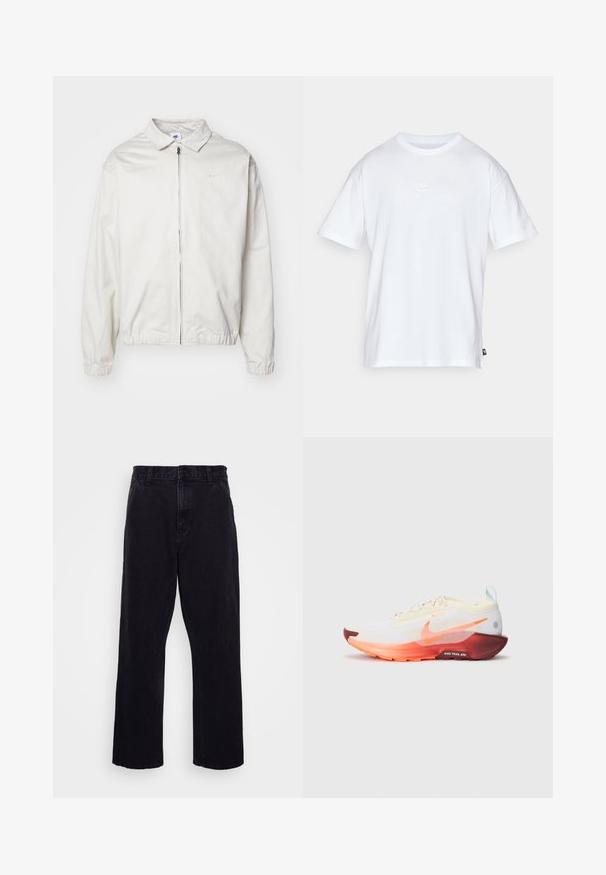 Weiße, leichte Nike-Jacke mit kragenförmigem Ausschnitt, Reißverschluss vorne, elastischen Bündchen und einem kleinen Logo auf der linken Brust. Glatte Textur.; Weißes Baumwoll-T-Shirt mit kurzen Ärmeln und Rundhalsausschnitt. Verfügt über ein kleines, dezentes Nike-Logo auf der Brust und ein seitliches Etikett.; Schwarze Jeanshose mit geradem Bein, ausgestattet mit einem Knopf- und Reißverschluss, Gürtelschlaufen und minimalen Nähdetails.; Nike Performance REACTX PEGASUS 5 GTX - Laufschuh Trail - sail/hyper crimson/glacier blue/dark team red/silt red