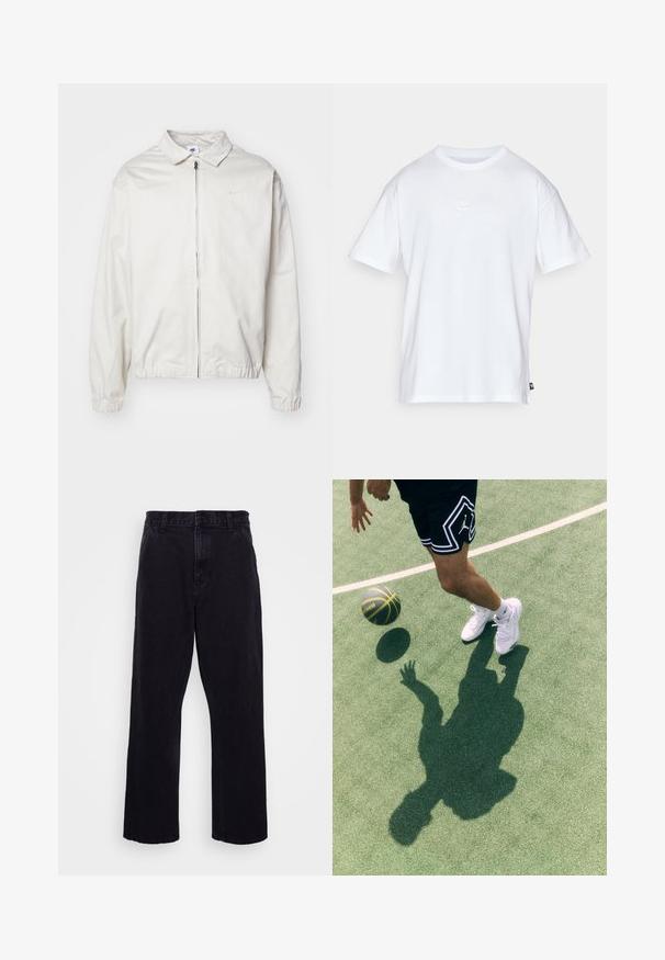 Fehér, könnyű Nike dzseki, galléros nyakkal, elöl cipzárral, elasztikus mandzsettákkal és kis logóval a bal melle részén. Simaszerű textúra.; Fehér pamut póló, rövid ujjakkal és kerek nyakkivágással. Jellemzője egy kis, diszkrét Nike logó a mellkason és egy oldalsó címke.; Fekete farmernadrág egyenes szárú kialakítással, gombos és cipzáros záródással, övzőkór és minimális varrási részletekkel.; Fekete sportnadrág fehér díszítéssel és logóval, fehér sportcipők, és egy kosárlabda ugrás közben egy zöld pályán, látható árnyékkal.