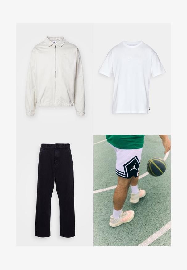 Casaco Nike branco e leve, com gola, fecho frontal, punhos elásticos e um pequeno logótipo no lado esquerdo do peito. Textura suave.; T-shirt de algodão branco com mangas curtas e decote redondo. Apresenta um pequeno e discreto logótipo da Nike no peito e uma etiqueta lateral.; Calças de denim pretas com um design de perna reta, apresentando um fecho de botão e zíper, passantes para cinto e detalhes de costura mínimos.; Calças de basquetebol em preto e branco com desenho de diamante e logotipo. Ténis de cor clara com um padrão em espiral e linhas de realce. Bola de basquetebol em movimento.