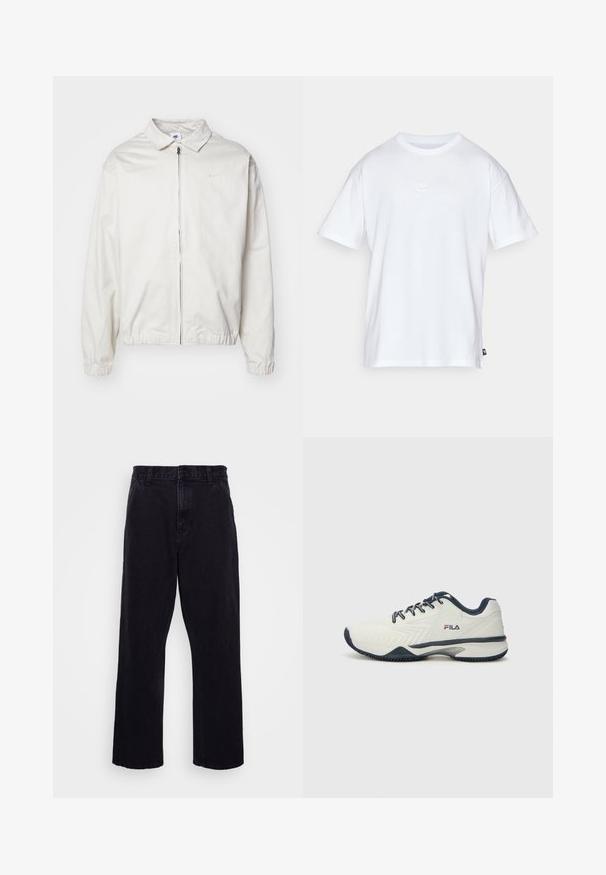 Jachetă Nike albă, ușoară, cu guler, fermoar frontal, manșete elastice și un logo mic pe pieptul stâng. Textură netedă.; Tricou alb din bumbac, cu mâneci scurte și guler rotund. Prezintă un mic logo Nike, discret, pe piept și o eticheta pe lateral.; Pantaloni din denim negri cu un design drept, dotati cu inchidere cu nasture si fermoar, bucle pentru centura si detalii minime de cusatura.; Pantofi sport albi cu un superior texturat, accente bleumarin și șireturi. Au o talpă durabilă cu modele de aderare și un logo proeminent.