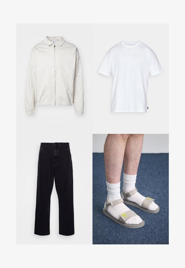 Biela, ľahká bunda Nike s golierom, predným zipsom, elastickými manžetami a malým logom na ľavej strane hrudníka. Hladká textúra.; Biela bavlnená tričko s krátkymi rukávmi a okrúhlym výstrihom. Obsahuje malé, jemné logo Nike na hrudi a božnú nálepku.; Čierne džínsy s rovného strihu, ktoré majú zapínanie na gombík a zips, pútka na opasok a minimálne švy.; Béžové sandále s nastaviteľnými popruhmi, nosené cez biele ponožky. Podošvy sú ploché s textúrovaným vzorom. Na modrom koberci.