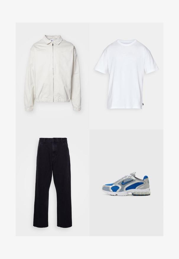 Casaco Nike branco e leve, com gola, fecho frontal, punhos elásticos e um pequeno logótipo no lado esquerdo do peito. Textura suave.; T-shirt de algodão branco com mangas curtas e decote redondo. Apresenta um pequeno e discreto logótipo da Nike no peito e uma etiqueta lateral.; Calças de denim pretas com um design de perna reta, apresentando um fecho de botão e zíper, passantes para cinto e detalhes de costura mínimos.; Sapatilhas atléticas azuis e prateadas com painéis em malha, um colarinho almofadado e uma sola translúcida com detalhes em azul. Os atacadores em contraste completam o design.