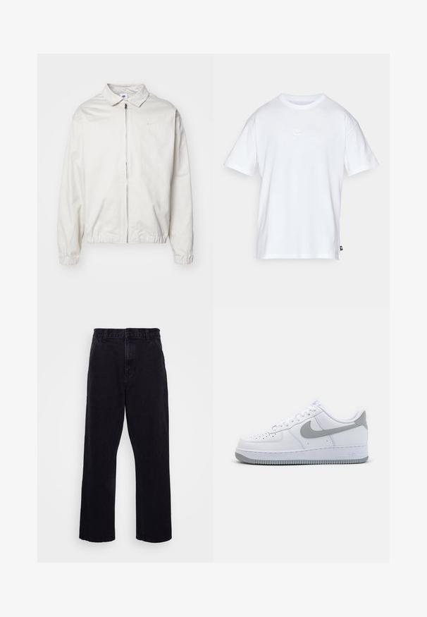 Fehér, könnyű Nike dzseki, galléros nyakkal, elöl cipzárral, elasztikus mandzsettákkal és kis logóval a bal melle részén. Simaszerű textúra.; Fehér pamut póló, rövid ujjakkal és kerek nyakkivágással. Jellemzője egy kis, diszkrét Nike logó a mellkason és egy oldalsó címke.; Fekete farmernadrág egyenes szárú kialakítással, gombos és cipzáros záródással, övzőkór és minimális varrási részletekkel.; Fehér bőr sportcipő szürke Swoosh logóval, perforált orral és texturált gumitalppal. Rövid bokáig érő magasság.