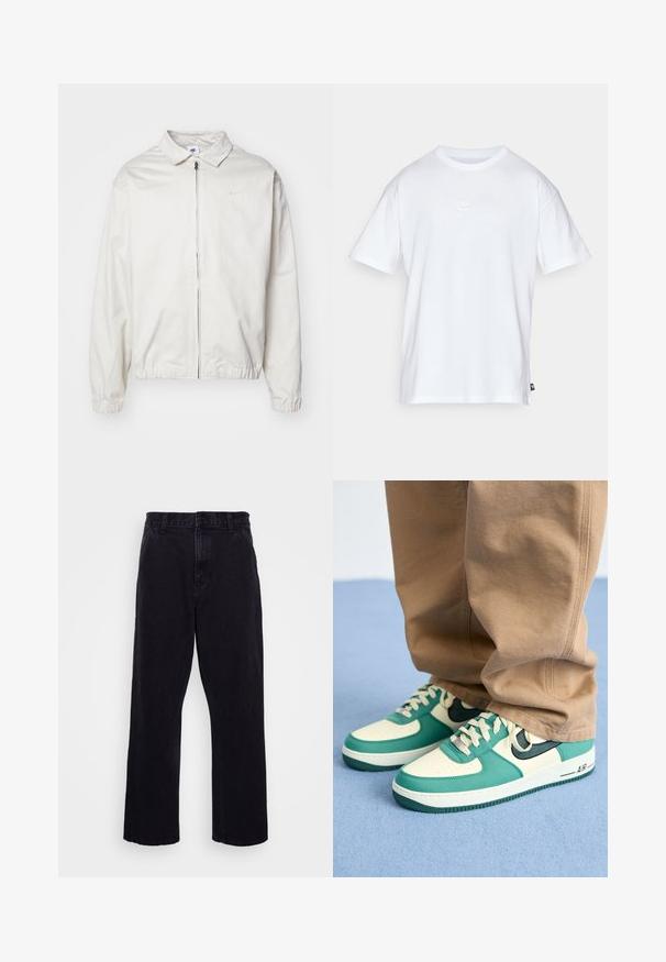Casaco Nike branco e leve, com gola, fecho frontal, punhos elásticos e um pequeno logótipo no lado esquerdo do peito. Textura suave.; T-shirt de algodão branco com mangas curtas e decote redondo. Apresenta um pequeno e discreto logótipo da Nike no peito e uma etiqueta lateral.; Calças de denim pretas com um design de perna reta, apresentando um fecho de botão e zíper, passantes para cinto e detalhes de costura mínimos.; Nike Sportswear AIR FORCE 1 07 LV8 - Sapatilhas - black/vintage green
