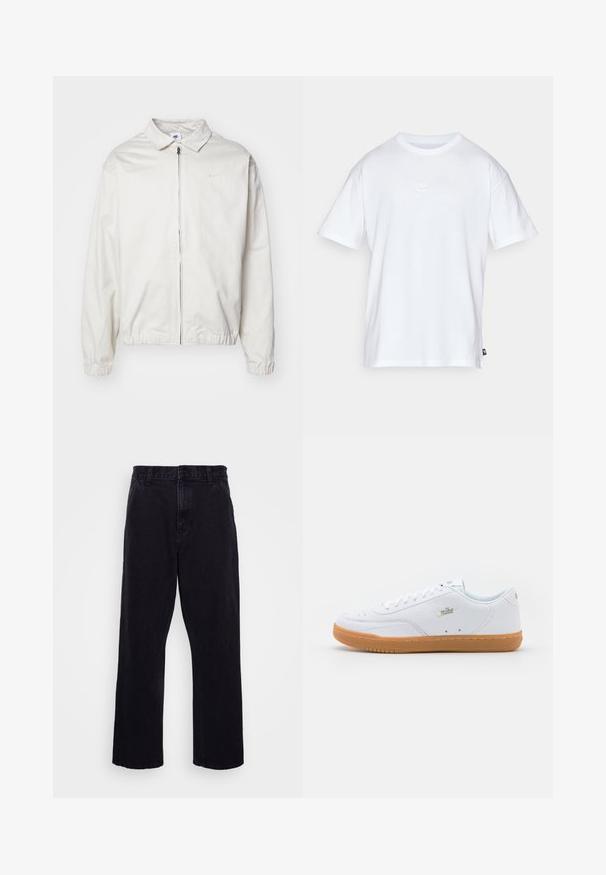 Casaco Nike branco e leve, com gola, fecho frontal, punhos elásticos e um pequeno logótipo no lado esquerdo do peito. Textura suave.; T-shirt de algodão branco com mangas curtas e decote redondo. Apresenta um pequeno e discreto logótipo da Nike no peito e uma etiqueta lateral.; Calças de denim pretas com um design de perna reta, apresentando um fecho de botão e zíper, passantes para cinto e detalhes de costura mínimos.; Sneaker branco em pele com um upper texturizado, bico redondo e sola de borracha castanha; possui logotipo dourado e atacadores planos.