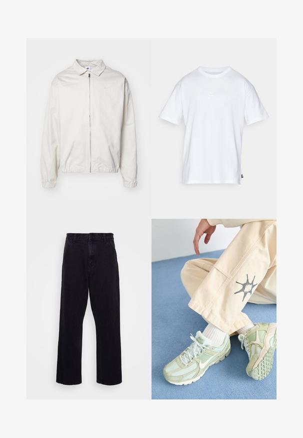 Hvit, lett Nike-jakke med kragehals, glidelås foran, elastiske mansjetter og en liten logo på venstre bryst. Glatt tekstur.; Hvit bomull t-skjorte med korte ermer og rund hals. Har en liten, subtil Nike-logo på brystet og en sidelapp.; Sorte denimbukser med rett ben-design, med knapp- og glidelås-lukking, beltehemper og minimale sømdetaljer.; Nike Sportswear ZOOM VOMERO 5 - Joggesko - jade horizon/phantom/light silver/white/black