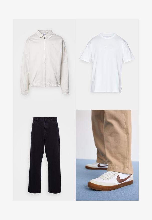 Casaco Nike branco e leve, com gola, fecho frontal, punhos elásticos e um pequeno logótipo no lado esquerdo do peito. Textura suave.; T-shirt de algodão branco com mangas curtas e decote redondo. Apresenta um pequeno e discreto logótipo da Nike no peito e uma etiqueta lateral.; Calças de denim pretas com um design de perna reta, apresentando um fecho de botão e zíper, passantes para cinto e detalhes de costura mínimos.; Sapatilhas brancas da Nike apresentando um logo castanho, parte superior texturizada e sola de borracha. Usadas com calças bege, num fundo de carpete azul.