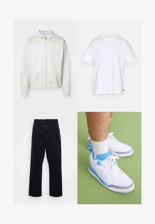 Valkoinen, kevyt Nike-takki, jossa on kauluksellinen kaula-aukko, etuvetoketju, joustavat hihansuut ja pieni logo vasemmalla rinnalla. Sujuva pinta.; Valkoinen puuvillainen t-paita, jossa on lyhyet hihat ja pyöreä kaula-aukko. Paidassa on pieni, huomaamaton Nike-logo rinnassa ja sivulappu.; Mustat farkut suoran lahkeiden muotoilulla, jossa on nappi- ja vetoketjukiinnitys, vyölenkit ja vähäiset ompeluyksityiskohdat.; Jordan JORDAN SPIZIKE LOW - Matalavartiset tennarit - white/university blue/wolf grey/anthracite