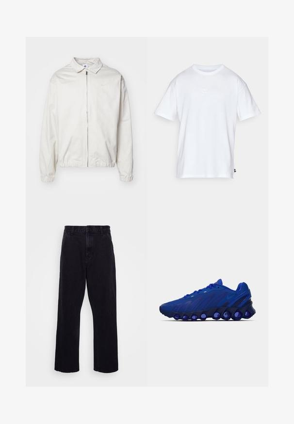 Casaco Nike branco e leve, com gola, fecho frontal, punhos elásticos e um pequeno logótipo no lado esquerdo do peito. Textura suave.; T-shirt de algodão branco com mangas curtas e decote redondo. Apresenta um pequeno e discreto logótipo da Nike no peito e uma etiqueta lateral.; Calças de denim pretas com um design de perna reta, apresentando um fecho de botão e zíper, passantes para cinto e detalhes de costura mínimos.; Sapatilha atlética azul com sola escura, apresentando almofadas de ar arredondadas e um superior em malha aerodinâmica com atacadores.