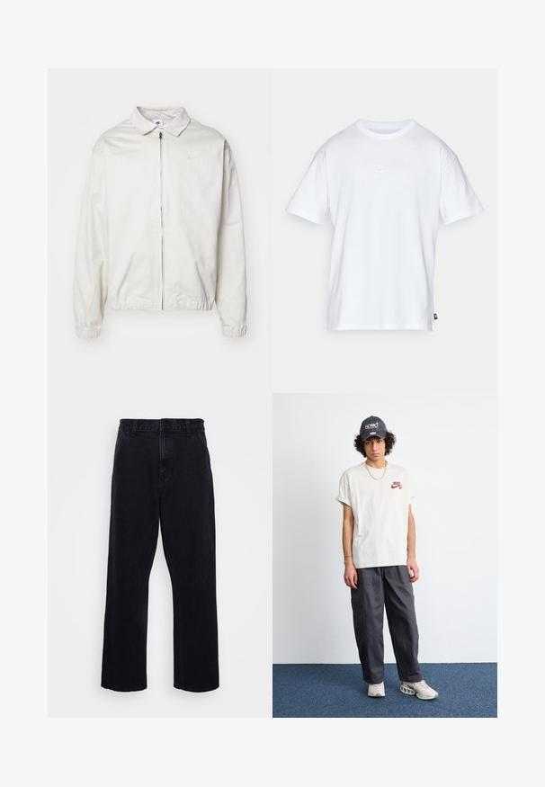 Chaqueta blanca y ligera de Nike con cuello tipo camisa, cremallera frontal, puños elásticos y un pequeño logotipo en el lado izquierdo del pecho. Textura suave.; Camiseta de algodón blanca con mangas cortas y cuello redondo. Presenta un pequeño y sutil logo de Nike en el pecho y una etiqueta lateral.; Pantalones de mezclilla negros con un diseño de pierna recta, que cuentan con un cierre de botón y cremallera, presillas para cinturón y detalles de costura mínimos.; Camiseta blanca de algodón con logo rojo de Nike SB, pantalones cargo grises con bolsillos y una gorra negra con texto blanco, combinados con zapatillas beige.