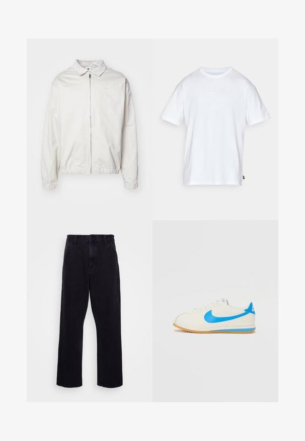 Casaco Nike branco e leve, com gola, fecho frontal, punhos elásticos e um pequeno logótipo no lado esquerdo do peito. Textura suave.; T-shirt de algodão branco com mangas curtas e decote redondo. Apresenta um pequeno e discreto logótipo da Nike no peito e uma etiqueta lateral.; Calças de denim pretas com um design de perna reta, apresentando um fecho de botão e zíper, passantes para cinto e detalhes de costura mínimos.; Sapatilhas para homens com parte superior em pele creme, logotipo da Nike em azul e detalhes azuis; possuem uma sola em borracha com um padrão texturizado para maior aderência.