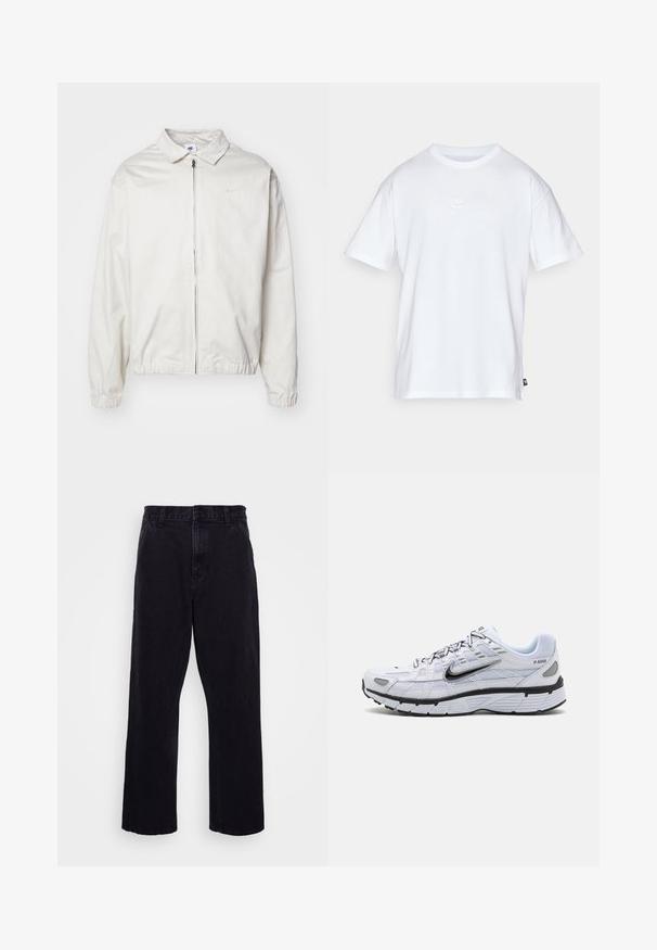 Casaco Nike branco e leve, com gola, fecho frontal, punhos elásticos e um pequeno logótipo no lado esquerdo do peito. Textura suave.; T-shirt de algodão branco com mangas curtas e decote redondo. Apresenta um pequeno e discreto logótipo da Nike no peito e uma etiqueta lateral.; Calças de denim pretas com um design de perna reta, apresentando um fecho de botão e zíper, passantes para cinto e detalhes de costura mínimos.; Sapata de corrida branca com parte superior em malha, ponta arredondada, acentos pretos e sola estampada. Apresenta atacadores e logótipo do lado.