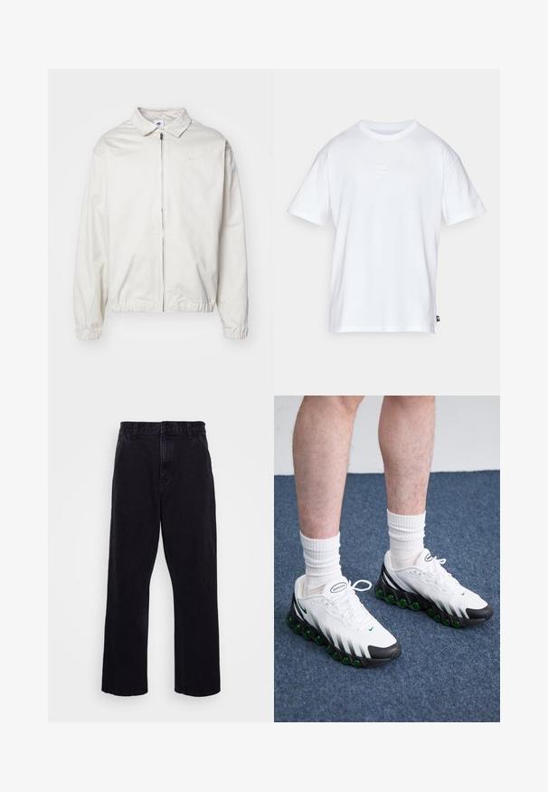 Casaco Nike branco e leve, com gola, fecho frontal, punhos elásticos e um pequeno logótipo no lado esquerdo do peito. Textura suave.; T-shirt de algodão branco com mangas curtas e decote redondo. Apresenta um pequeno e discreto logótipo da Nike no peito e uma etiqueta lateral.; Calças de denim pretas com um design de perna reta, apresentando um fecho de botão e zíper, passantes para cinto e detalhes de costura mínimos.; Tênis atléticos brancos com detalhes pretos e amortecimento verde. Possui um cabedal texturizado, fecho com atacadores e logotipo da marca visível.