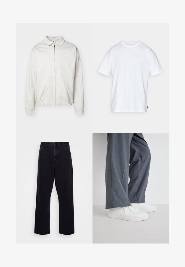 Fehér, könnyű Nike dzseki, galléros nyakkal, elöl cipzárral, elasztikus mandzsettákkal és kis logóval a bal melle részén. Simaszerű textúra.; Fehér pamut póló, rövid ujjakkal és kerek nyakkivágással. Jellemzője egy kis, diszkrét Nike logó a mellkason és egy oldalsó címke.; Fekete farmernadrág egyenes szárú kialakítással, gombos és cipzáros záródással, övzőkór és minimális varrási részletekkel.; Szürke, bő szárú nadrág fehér, textúrált sportcipővel párosítva. A sportcipők sima talppal és fűzős kialakítással rendelkeznek.