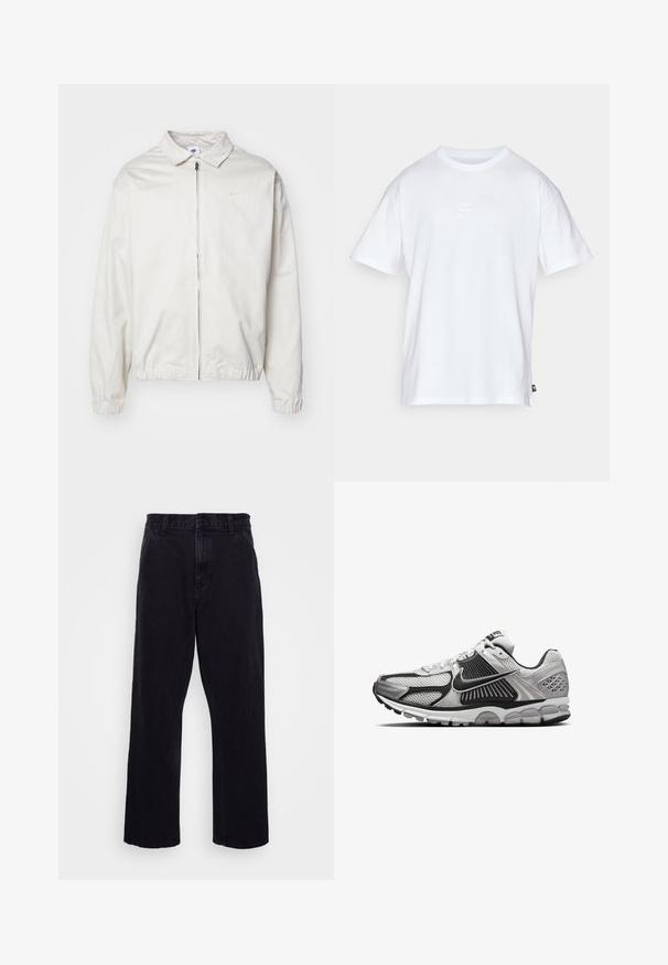 Hvid, letvægts Nike-jakke med kravehals, lynlås foran, elastiske ærmer og et lille logo på venstre bryst. Glat tekstur.; Hvid bomulds T-shirt med korte ærmer og rund hals. Har et lille, diskret Nike-logo på brystet og et sidelabel.; Sorte denimbukser med lige ben, der har en knap- og lynlåslukning, bæltestropper og minimale syninger.; Nike løbesko i sort, hvid og grå. Funktioner mesh- og syntetisk overdel, polstret krave og gummisål med dæmpeteknologi.