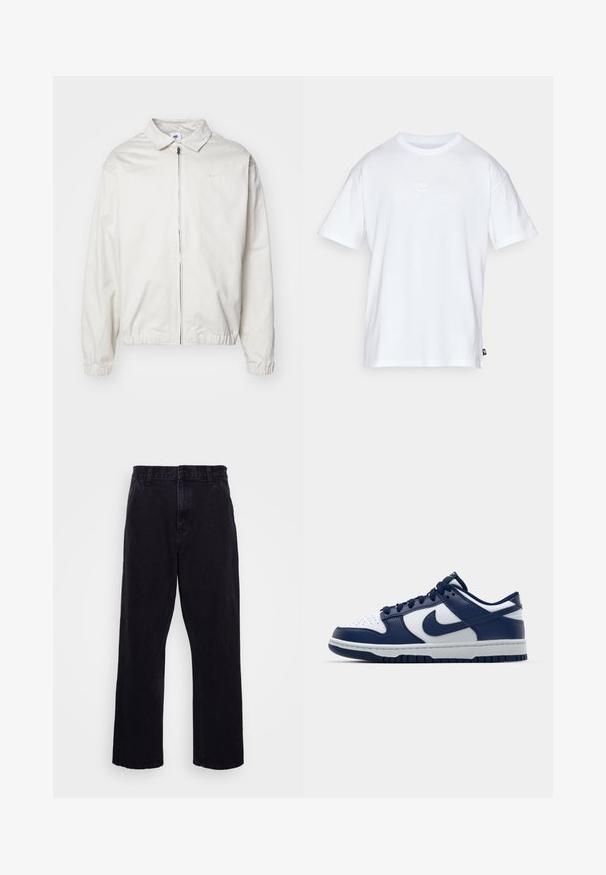 Casaco Nike branco e leve, com gola, fecho frontal, punhos elásticos e um pequeno logótipo no lado esquerdo do peito. Textura suave.; T-shirt de algodão branco com mangas curtas e decote redondo. Apresenta um pequeno e discreto logótipo da Nike no peito e uma etiqueta lateral.; Calças de denim pretas com um design de perna reta, apresentando um fecho de botão e zíper, passantes para cinto e detalhes de costura mínimos.; Ténis de pele azul escuro e brancos com biqueira perfurada, atacadores na frente e entressola cinza. Apresenta um logo da Nike na lateral.