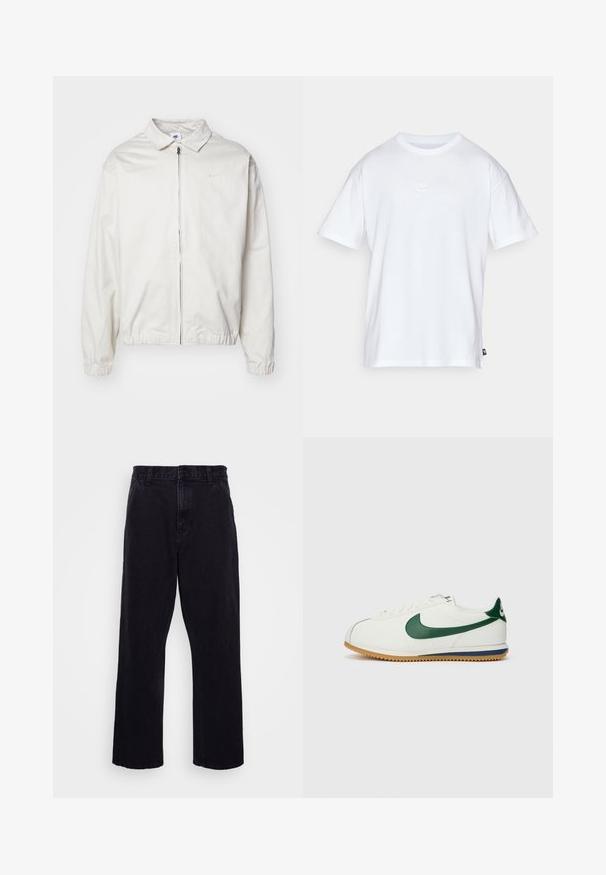 Casaco Nike branco e leve, com gola, fecho frontal, punhos elásticos e um pequeno logótipo no lado esquerdo do peito. Textura suave.; T-shirt de algodão branco com mangas curtas e decote redondo. Apresenta um pequeno e discreto logótipo da Nike no peito e uma etiqueta lateral.; Calças de denim pretas com um design de perna reta, apresentando um fecho de botão e zíper, passantes para cinto e detalhes de costura mínimos.; Ténis Nike com parte superior em pele branca, detalhes verdes, sola de borracha com um padrão texturizado e design clássico de atacadores.