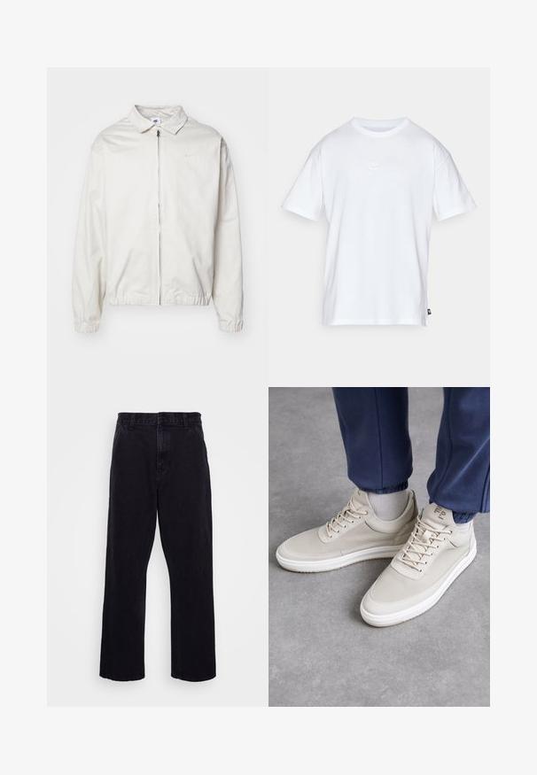 White, lightweight Nike jacket with a collared neckline, front zipper, elastic cuffs, and a small logo on the left chest. Smooth texture.; White cotton t-shirt with short sleeves and a round neck. Features a small, subtle Nike logo on the chest and a side label.; Black denim trousers with a straight leg design, featuring a button and zip closure, belt loops, and minimal stitching details.; Beige sneaker with textured material, round toe, laces, and minimalistic design. White sole with light tan detailing. Worn with navy joggers.