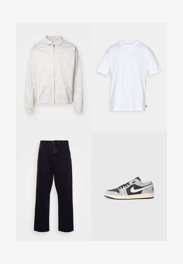 Casaco Nike branco e leve, com gola, fecho frontal, punhos elásticos e um pequeno logótipo no lado esquerdo do peito. Textura suave.; T-shirt de algodão branco com mangas curtas e decote redondo. Apresenta um pequeno e discreto logótipo da Nike no peito e uma etiqueta lateral.; Calças de denim pretas com um design de perna reta, apresentando um fecho de botão e zíper, passantes para cinto e detalhes de costura mínimos.; Nike Air Jordan 1 Low em camurça cinza e preta com detalhes brancos. Apresenta uma sola acolchoada e o clássico logotipo swoosh da Nike.