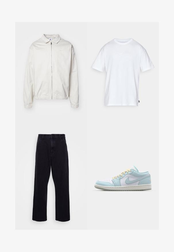 Fehér, könnyű Nike dzseki, galléros nyakkal, elöl cipzárral, elasztikus mandzsettákkal és kis logóval a bal melle részén. Simaszerű textúra.; Fehér pamut póló, rövid ujjakkal és kerek nyakkivágással. Jellemzője egy kis, diszkrét Nike logó a mellkason és egy oldalsó címke.; Fekete farmernadrág egyenes szárú kialakítással, gombos és cipzáros záródással, övzőkór és minimális varrási részletekkel.; Világoskék és fehér sportcipő bőr és velúr kivitelben. Sárga fűzőkkel, kerek orrforma és gumitalppal rendelkezik.