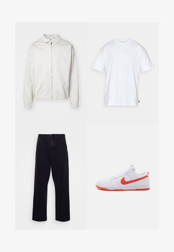 Biela, ľahká bunda Nike s golierom, predným zipsom, elastickými manžetami a malým logom na ľavej strane hrudníka. Hladká textúra.; Biela bavlnená tričko s krátkymi rukávmi a okrúhlym výstrihom. Obsahuje malé, jemné logo Nike na hrudi a božnú nálepku.; Čierne džínsy s rovného strihu, ktoré majú zapínanie na gombík a zips, pútka na opasok a minimálne švy.; Biele tenisky s hladkým koženým zvrškom, červeným značkovým logom Nike, červenými akcentmi na podrážke a perforovanou špičkou pre priedušnosť.