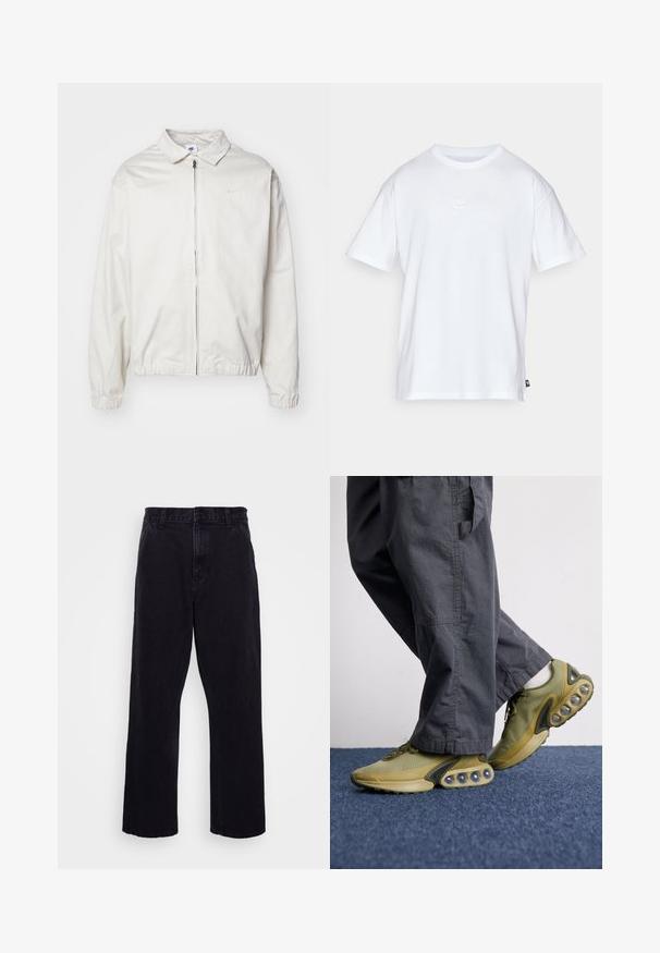 Fehér, könnyű Nike dzseki, galléros nyakkal, elöl cipzárral, elasztikus mandzsettákkal és kis logóval a bal melle részén. Simaszerű textúra.; Fehér pamut póló, rövid ujjakkal és kerek nyakkivágással. Jellemzője egy kis, diszkrét Nike logó a mellkason és egy oldalsó címke.; Fekete farmernadrág egyenes szárú kialakítással, gombos és cipzáros záródással, övzőkór és minimális varrási részletekkel.; Zöld hálós sportcipők lekerekített párnázottsággal, textúrált anyaggal és áramvonalas dizájnnal. Lazán illeszkedő szürke cargo nadrággal párosítva.