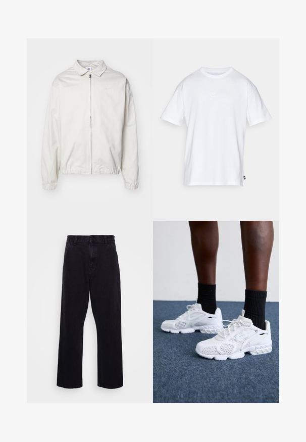 Casaco Nike branco e leve, com gola, fecho frontal, punhos elásticos e um pequeno logótipo no lado esquerdo do peito. Textura suave.; T-shirt de algodão branco com mangas curtas e decote redondo. Apresenta um pequeno e discreto logótipo da Nike no peito e uma etiqueta lateral.; Calças de denim pretas com um design de perna reta, apresentando um fecho de botão e zíper, passantes para cinto e detalhes de costura mínimos.; Tênis atléticos brancos com parte superior em malha, detalhes texturizados e sola acolchoada. Combinados com meias cano alto pretas com nervuras sobre uma superfície de carpete azul.