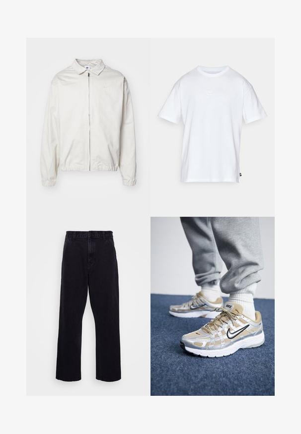 Hvid, letvægts Nike-jakke med kravehals, lynlås foran, elastiske ærmer og et lille logo på venstre bryst. Glat tekstur.; Hvid bomulds T-shirt med korte ærmer og rund hals. Har et lille, diskret Nike-logo på brystet og et sidelabel.; Sorte denimbukser med lige ben, der har en knap- og lynlåslukning, bæltestropper og minimale syninger.; Nike løbesko med en beige og sølv mesh-overdel, hvid sål og sort swoosh. Har snørebånd og teksturerede detaljer for støtte.