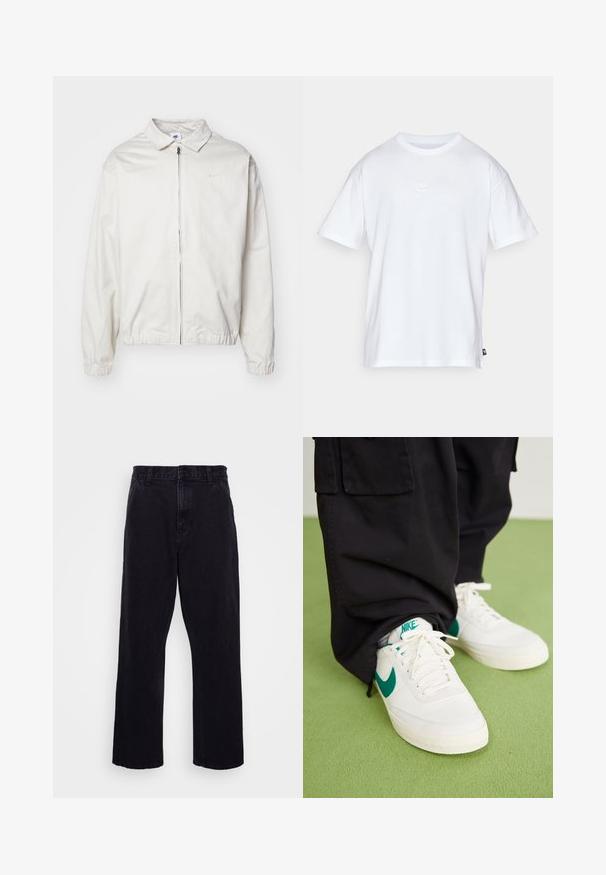 Fehér, könnyű Nike dzseki, galléros nyakkal, elöl cipzárral, elasztikus mandzsettákkal és kis logóval a bal melle részén. Simaszerű textúra.; Fehér pamut póló, rövid ujjakkal és kerek nyakkivágással. Jellemzője egy kis, diszkrét Nike logó a mellkason és egy oldalsó címke.; Fekete farmernadrág egyenes szárú kialakítással, gombos és cipzáros záródással, övzőkór és minimális varrási részletekkel.; Fehér bőr sportcipők zöld részletekkel és logóval, lapos fűzőkkel és texturált talppal, laza fekete cargo nadrággal viselve.