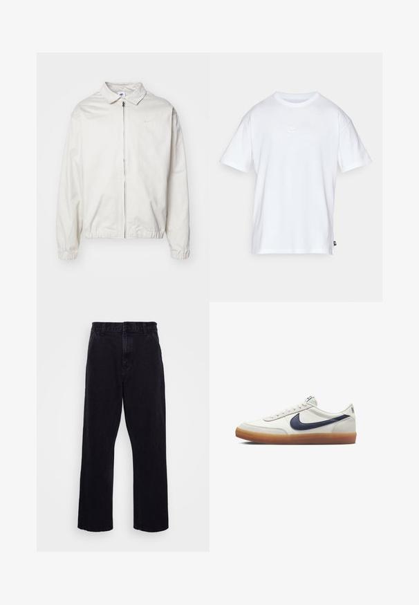 Casaco Nike branco e leve, com gola, fecho frontal, punhos elásticos e um pequeno logótipo no lado esquerdo do peito. Textura suave.; T-shirt de algodão branco com mangas curtas e decote redondo. Apresenta um pequeno e discreto logótipo da Nike no peito e uma etiqueta lateral.; Calças de denim pretas com um design de perna reta, apresentando um fecho de botão e zíper, passantes para cinto e detalhes de costura mínimos.; Sapatilha de couro branca com um swoosh azul-marinho, atacadores planos, colarinho acolchoado e sola de borracha natural. Design minimalista sem padrões visíveis.