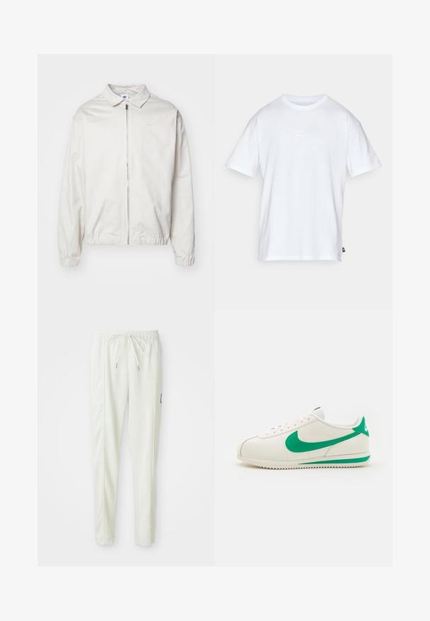 Biała, lekka kurtka Nike z kołnierzykiem, zamek błyskawiczny z przodu, elastycznymi mankietami oraz małym logo na lewej piersi. Gładka faktura.; Biała bawełniana koszulka z krótkim rękawem i okrągłym dekoltem. Posiada małe, dyskretne logo Nike na piersi oraz metkę po boku.; Białe joggerki slim fit z elastycznym paskiem w talii i sznurkiem do regulacji, z bocznymi przeszyciami oraz małą czarną naszywką na prawej nogawce.; Nike Sportswear CORTEZ biały