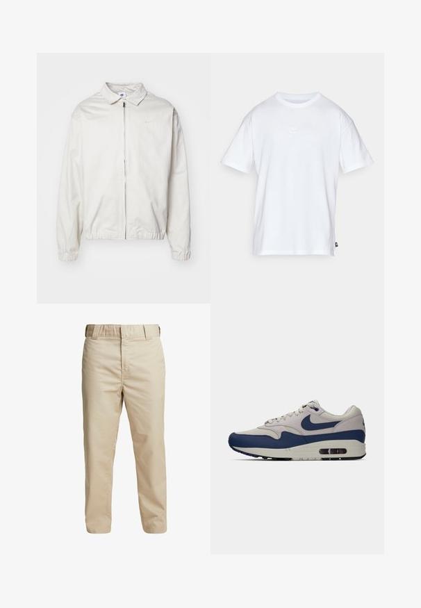 White, lightweight Nike jacket with a collared neckline, front zipper, elastic cuffs, and a small logo on the left chest. Smooth texture.; White cotton t-shirt with short sleeves and a round neck. Features a small, subtle Nike logo on the chest and a side label.; Beige cotton trousers with a slim fit, straight legs, and belt loops; smooth texture and minimalistic design without visible accents.; Men’s sports shoe with light grey mesh and suede upper, navy blue leather overlays, navy Nike swoosh, and visible air cushion sole.