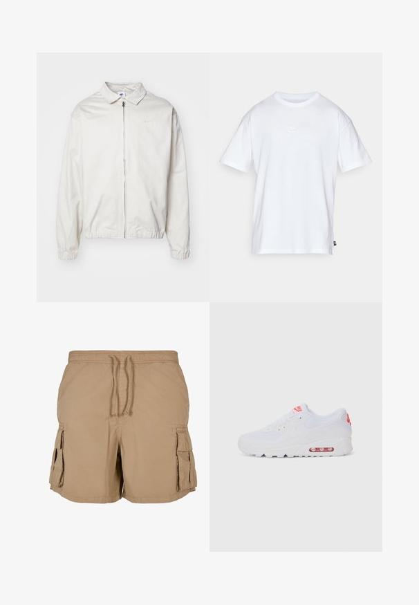 Valkoinen, kevyt Nike-takki, jossa on kauluksellinen kaula-aukko, etuvetoketju, joustavat hihansuut ja pieni logo vasemmalla rinnalla. Sujuva pinta.; Valkoinen puuvillainen t-paita, jossa on lyhyet hihat ja pyöreä kaula-aukko. Paidassa on pieni, huomaamaton Nike-logo rinnassa ja sivulappu.; Beige cargo shorts yang terbuat dari kain ringan dengan pinggang tali, dilengkapi dua saku samping, dan dua saku cargo. Desain yang sederhana dan utilitarian.; Valkoinen urheilujalkine, jossa on sileä päällinen, nauhakiinnitys, pehmustettu pohja ja näkyvä ilmayksikkö, jossa on punaisia yksityiskohtia brändissä.