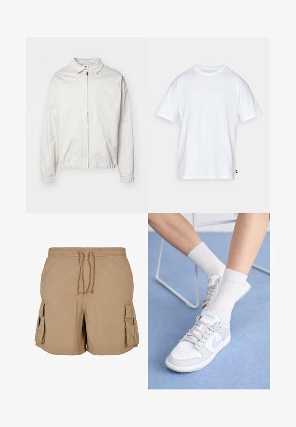 Giacca Nike bianca, leggera, con colletto, zip frontale, polsini elasticizzati e un piccolo logo sul lato sinistro del petto. Texture liscia.; T-shirt bianco in cotone con maniche corte e colletto tondo. Presenta un piccolo e discreto logo Nike sul petto e un'etichetta laterale.; Shorts cargo beige realizzati in tessuto leggero con vita regolabile, due tasche laterali e due tasche cargo. Design semplice e funzionale.; Sneaker bianche con accenti azzurri, tomaia in pelle, punta perforata, lacci spessi e calze bianche a coste su sfondo blu.