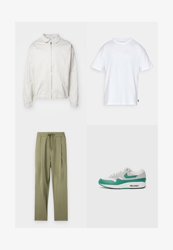Giacca Nike bianca, leggera, con colletto, zip frontale, polsini elasticizzati e un piccolo logo sul lato sinistro del petto. Texture liscia.; T-shirt bianco in cotone con maniche corte e colletto tondo. Presenta un piccolo e discreto logo Nike sul petto e un'etichetta laterale.; Pantaloni verde oliva con vita elasticizzata e cordoncino. Presentano una texture liscia e un design plissettato per una vestibilità comoda.; Sneaker Nike Air Max 1 con una toma superiore in mesh grigio, dettagli in pelle verde, lacci bianchi e un'unità air visibile nella suola.