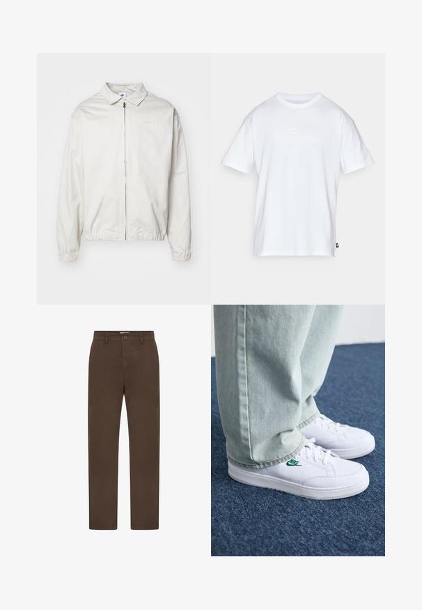 Veste Nike blanche et légère avec un col, fermeture éclair à l'avant, poignets élastiques et un petit logo sur la poitrine gauche. Texture lisse.; T-shirt en coton blanc à manches courtes et col rond. Présente un petit logo Nike subtil sur la poitrine et une étiquette sur le côté.; Chinos droits pour hommes en marron foncé avec passants de ceinture, poches latérales, fermeture à bouton et braguette à fermeture éclair.; Baskets en cuir blanc avec logo Nike vert, bout rond, semelle plate, associées à un pantalon en denim bleu clair, présentées sur un tapis bleu.