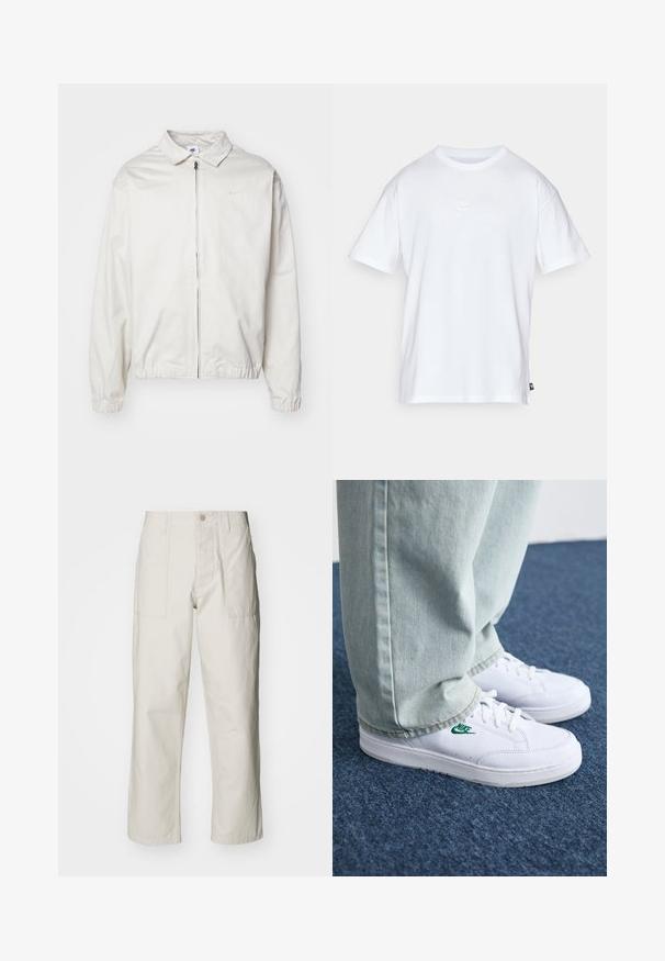 Casaco Nike branco e leve, com gola, fecho frontal, punhos elásticos e um pequeno logótipo no lado esquerdo do peito. Textura suave.; T-shirt de algodão branco com mangas curtas e decote redondo. Apresenta um pequeno e discreto logótipo da Nike no peito e uma etiqueta lateral.; Calças largas em bege claro, feitas de algodão. Apresentam bolsos frontais e fecho com botão. Textura suave com linhas verticais subtis.; Tênis de couro brancos com logo verde da Nike, bico redondo, sola plana, combinados com calças de denim azul claro, exibidos sobre um tapete azul.