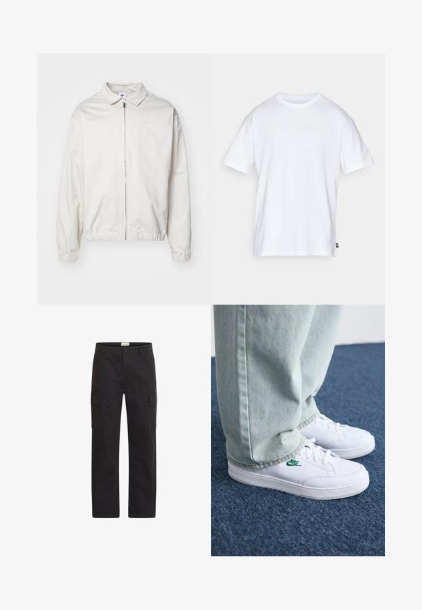 Fehér, könnyű Nike dzseki, galléros nyakkal, elöl cipzárral, elasztikus mandzsettákkal és kis logóval a bal melle részén. Simaszerű textúra.; Fehér pamut póló, rövid ujjakkal és kerek nyakkivágással. Jellemzője egy kis, diszkrét Nike logó a mellkason és egy oldalsó címke.; Fekete cargo nadrág, tartós anyagból készült, lapos elülső résszel, két oldalsó zsebből és egyenes lábvonallal. A deréknál gombos záródással rendelkezik.; Fehér bőr sportcipők zöld Nike logóval, kerek orral, lapos talppal, világoskék farmernadrággal párosítva, kék szőnyegen bemutatva.