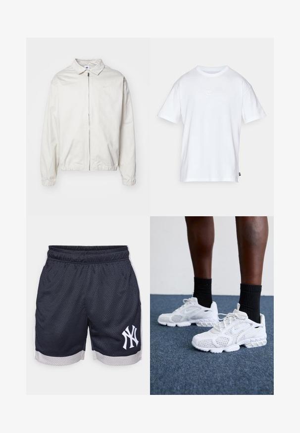 Casaco Nike branco e leve, com gola, fecho frontal, punhos elásticos e um pequeno logótipo no lado esquerdo do peito. Textura suave.; T-shirt de algodão branco com mangas curtas e decote redondo. Apresenta um pequeno e discreto logótipo da Nike no peito e uma etiqueta lateral.; Calções desportivos em malha azul-marinho com cintura elástica, detalhes brancos nas laterais e logótipo bordado dos New York Yankees na coxa esquerda.; Tênis atléticos brancos com parte superior em malha, detalhes texturizados e sola acolchoada. Combinados com meias cano alto pretas com nervuras sobre uma superfície de carpete azul.