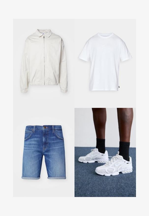 Valkoinen, kevyt Nike-takki, jossa on kauluksellinen kaula-aukko, etuvetoketju, joustavat hihansuut ja pieni logo vasemmalla rinnalla. Sujuva pinta.; Valkoinen puuvillainen t-paita, jossa on lyhyet hihat ja pyöreä kaula-aukko. Paidassa on pieni, huomaamaton Nike-logo rinnassa ja sivulappu.; Vaaleansiniset farkkushortsit, joissa on haalistunut pesu, käännetyt lahkeet, viisi taskua ja brändätty metallipainike vyötäröllä.; Valkoiset urheilukengät, joissa on verkkomateriaali, teksturoidut yksityiskohdat ja pehmeä pohja. Yhdistetty mustiin ribbikuvioisiin nilkkasukkiin sinisellä matolla.