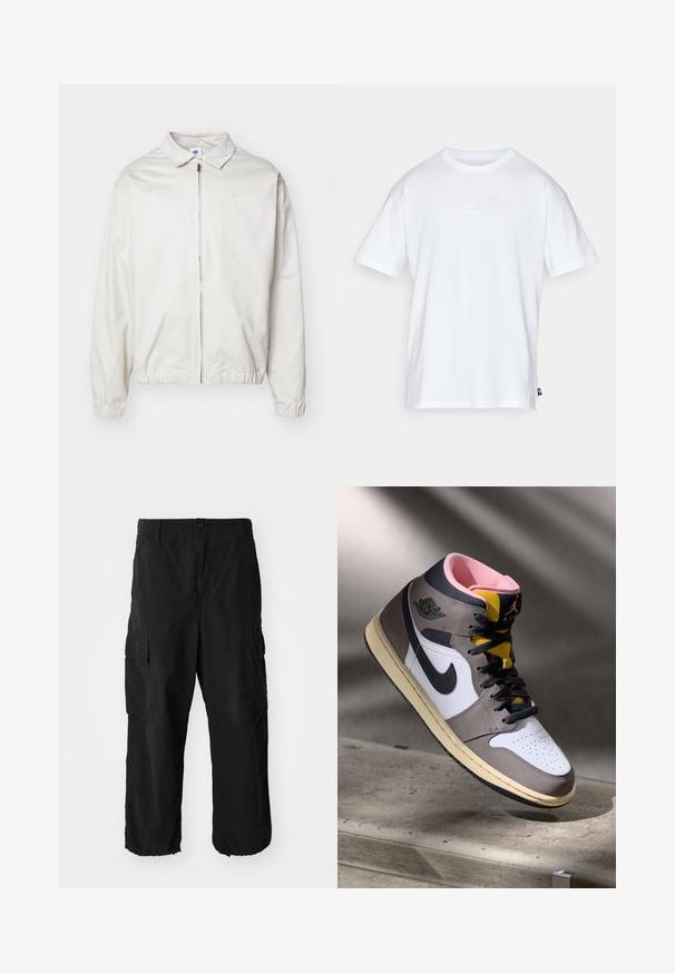 Biela, ľahká bunda Nike s golierom, predným zipsom, elastickými manžetami a malým logom na ľavej strane hrudníka. Hladká textúra.; Biela bavlnená tričko s krátkymi rukávmi a okrúhlym výstrihom. Obsahuje malé, jemné logo Nike na hrudi a božnú nálepku.; Čierne cargo nohavice vyrobené z mäkkého materiálu, s voľným strihom, bočnými vreckami a gombíkovým zapínaním. Spodný lem je manžetový.; Biele, šedé a čierne vysoké tenisky Nike Air Jordan s ružovým interiérom a žltým jazykom, umiestnené na betónovom povrchu.