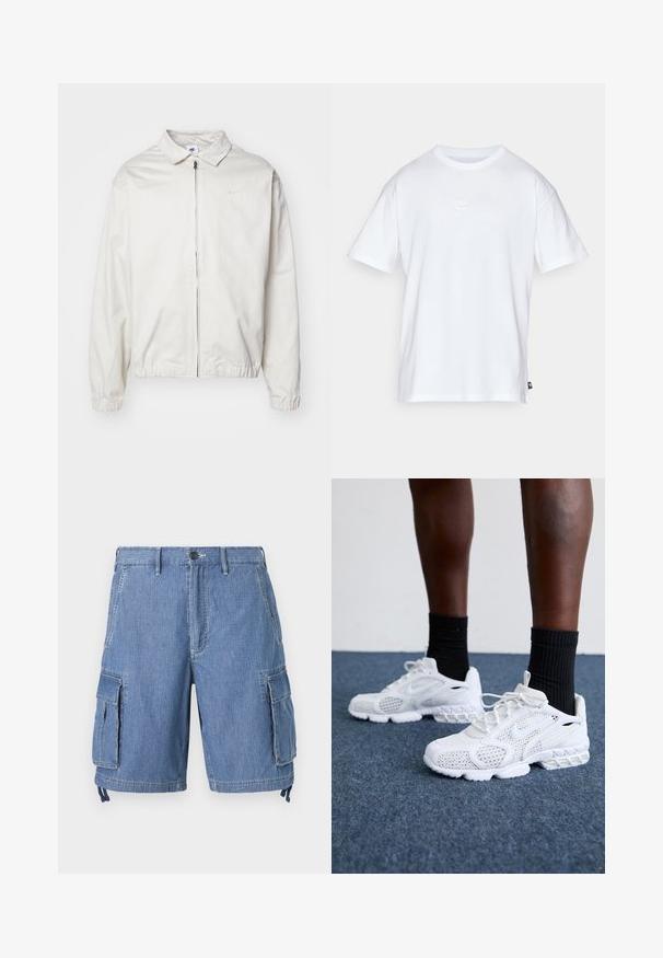Veste Nike blanche et légère avec un col, fermeture éclair à l'avant, poignets élastiques et un petit logo sur la poitrine gauche. Texture lisse.; T-shirt en coton blanc à manches courtes et col rond. Présente un petit logo Nike subtil sur la poitrine et une étiquette sur le côté.; Shorts cargo en denim bleu avec une fermeture à bouton, deux poches avant et deux grandes poches latérales à rabat. Comprend des cordons de serrage réglables à l'ourlet.; Baskets de sport blanches avec dessus en maille, accents texturés et semelle rembourrée. Associées à des chaussettes côtelées noires sur une surface en moquette bleue.