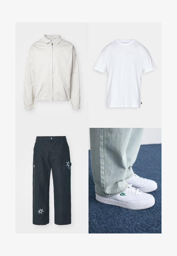 Bela, lahka Nike jakna z ovratnikom, sprednjim zadrgo, elastičnimi manšetami in majhnim logotipom na levem prsnem delu. Gladka tekstura.; Bela bomba iz bombaža s kratkimi rokavi in okroglo ovratnikom. Ima majhen, diskreten Nike logotip na prsih in stranski etiket.; Cargo hlače iz črnega bombaža ohlapnega kroja, z dekorativnim belim vezenjem v obliki zvezd na straneh in z zapiranjem na kovinski gumb.; Bela usnjena športna obutev z zelenim Nike logotipom, okrogla konica, ravna podplat, v kombinaciji z svetlo modrimi kavbojkami, prikazana na modrem preprogu.