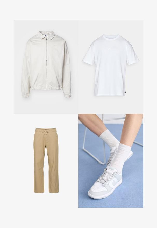 White, lightweight Nike jacket with a collared neckline, front zipper, elastic cuffs, and a small logo on the left chest. Smooth texture.; White cotton t-shirt with short sleeves and a round neck. Features a small, subtle Nike logo on the chest and a side label.; Beige cotton relaxed-fit pants with an elastic waistband and drawstring. Features side pockets and a straight leg cut. No visible patterns.; White sneakers with light blue accents, leather upper, perforated toe, thick laces, and ribbed white socks against blue background.