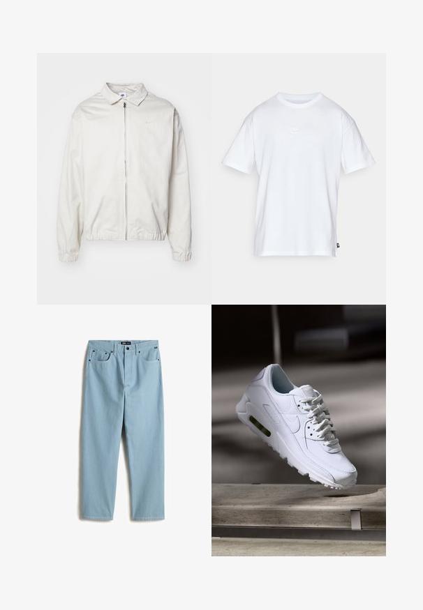 Witte, lichte Nike-jack met een kraag, een rits aan de voorkant, elastische manchetten en een klein logo op de linkerkant van de borst. Glad oppervlak.; Witte katoenen t-shirt met korte mouwen en een ronde hals. Heeft een klein, subtiel Nike-logo op de borst en een zijlabel.; Lichtblauwe, recht gesneden denim broek met vijf zakken, subtiele contraststiksels en een merketiket op de tailleband.; Witte leren sneaker met gestructureerde oppervlakken, gevoerde kraag en zichtbare luchtbescherming in de zool. Heeft veters en een minimalistisch ontwerp.
