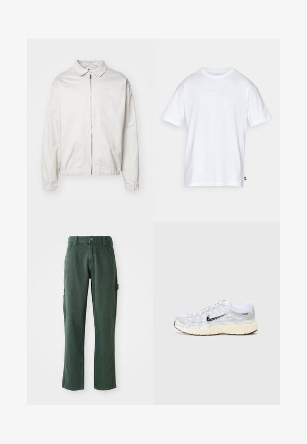 Chaqueta blanca y ligera de Nike con cuello tipo camisa, cremallera frontal, puños elásticos y un pequeño logotipo en el lado izquierdo del pecho. Textura suave.; Camiseta de algodón blanca con mangas cortas y cuello redondo. Presenta un pequeño y sutil logo de Nike en el pecho y una etiqueta lateral.; Pantalones cargo verdes de algodón, con un corte recto, bolsillos y costuras a tono. Textura suave con un brillo sutil.; Zapatillas de malla blancas con acentos plateados, logo de Nike en negro, cuello acolchado y suela texturizada. Presenta un diseño en capas para mayor estabilidad.